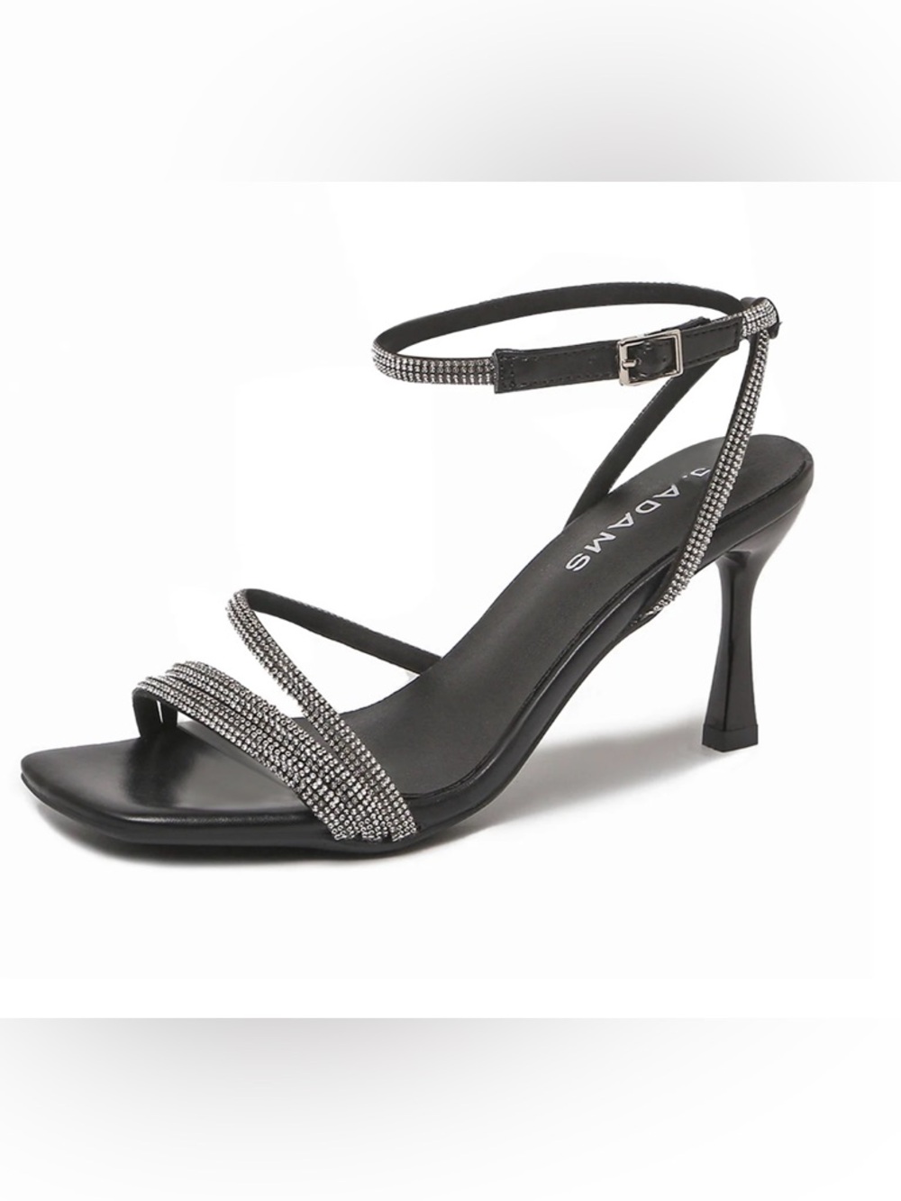 NWOT J Adams Black Strappy Rhinestone Mid Heel Sandals